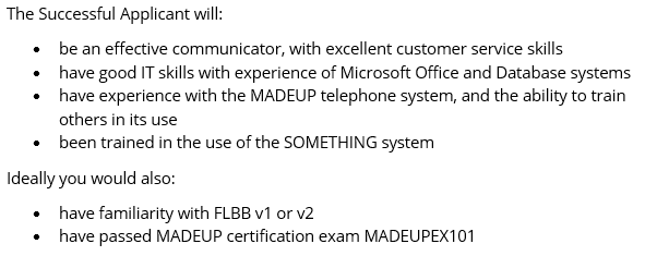 An example job description requirements list
