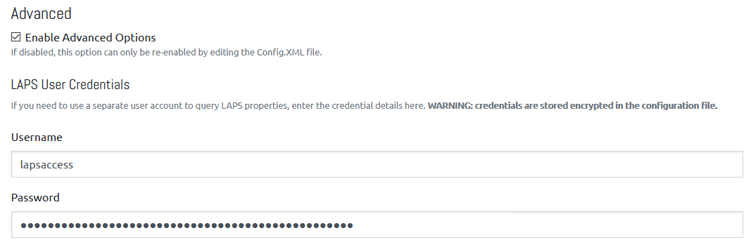 Advanced Options for LAPS User Credentials settings are now enabled.