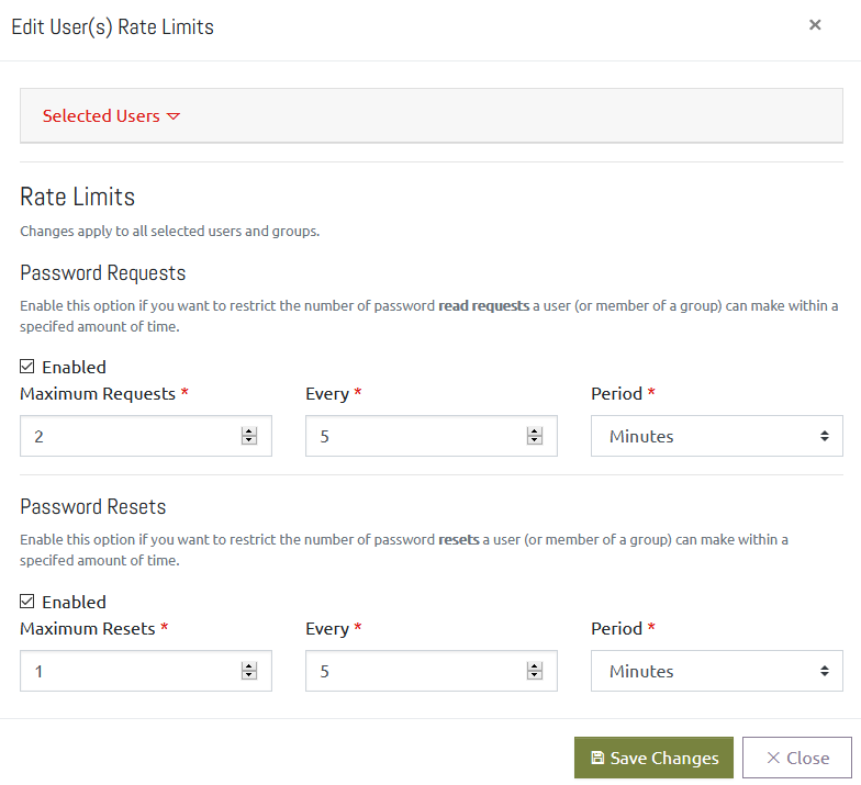 OVERLAPS window for editing user rate limits for Password Requests and Password Resets.