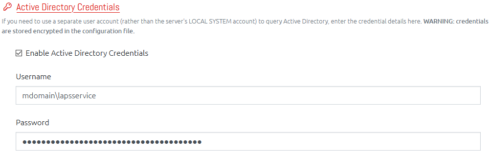 Entering Credentials for Active Directory Connections