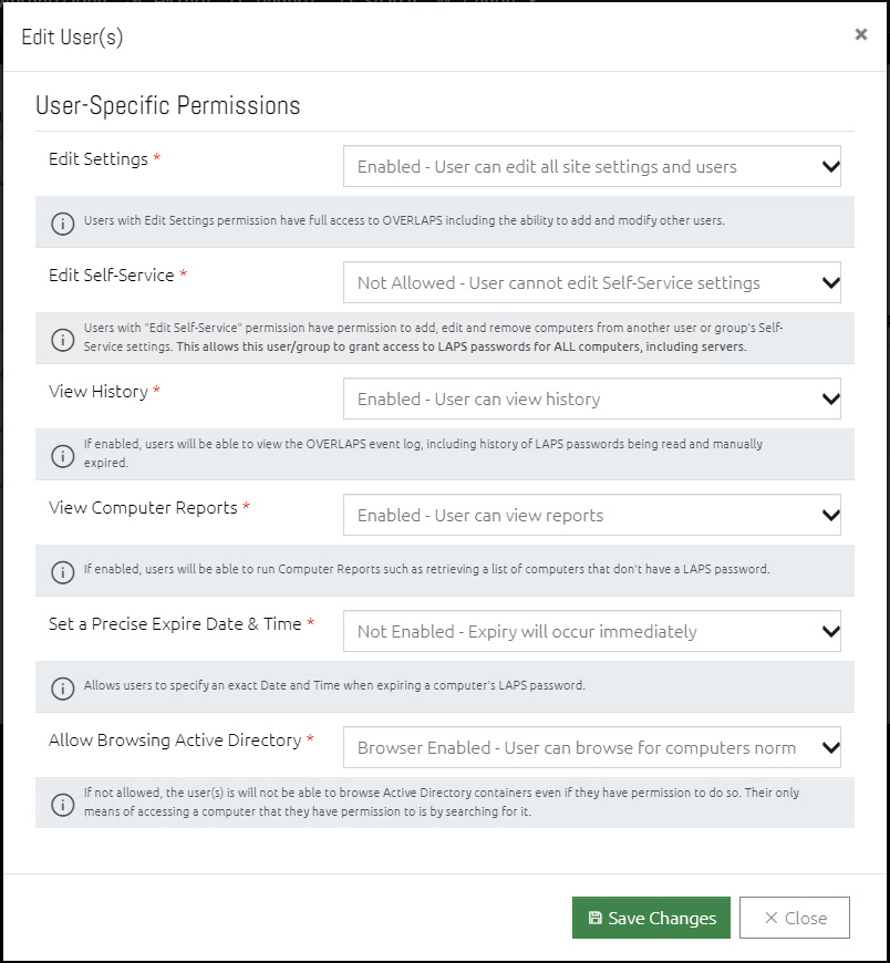 Edit a Users's Access Levels