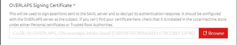 SAML Configuration Window - Certificate