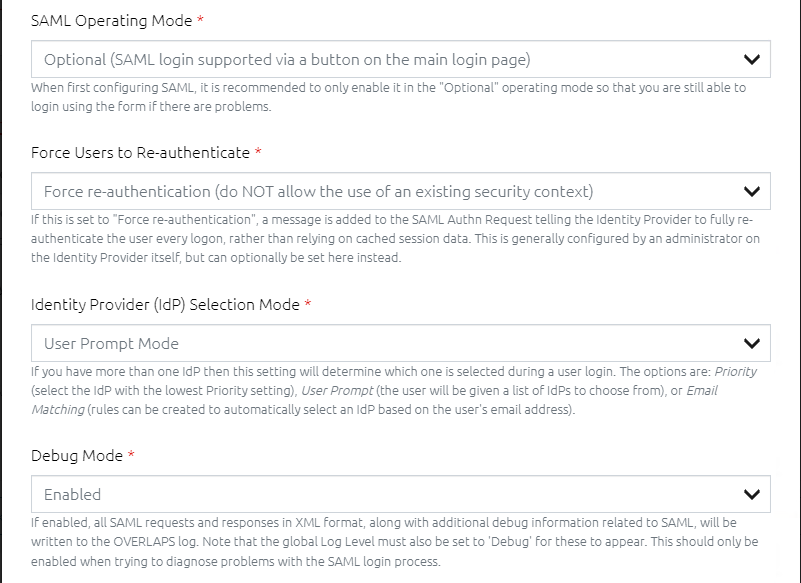 SAML Configuration Window - Settings